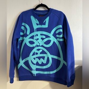 MISHKA NYC Oversized Bear Mop Graphic Crewneck Sweatshirt Blue Turquoise Size Lg